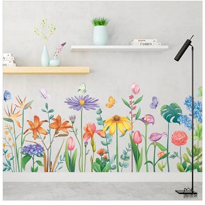 Wall Stickers Plant Garden Corner Decorative Decals Toe Line Self-adhesive Wallpaper INS Fresh Art Colorful Flowers Wall Decal