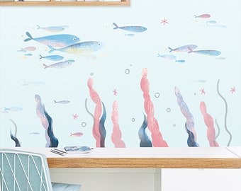 Cartoon Unterwasserwelt Wandtattoal Seegras Clownfisch Fische Wandtatto Kinderzimmer Schlafzimmer Kindergarten Marine Wandtatto