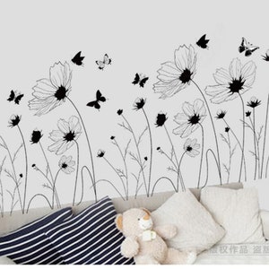 Black and White Big Flowers with Butterfly Door's Wall's Wall Decal Wall Stickers