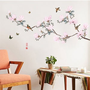 Chinese Wind Pink Peach Flower Wall Stickers Sitting Room TV Background Wall Decal Creative Dining-room Adornment