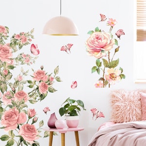 Spring Pink Rose Flowers with Butteflies Wall Sticker Wall Decal Home Decor