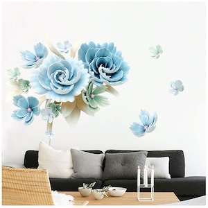 Fresh Succulent Blue Flowers Wall Sticker Living Room TV Background Wall Stickers Wallpaper Bedroom Wallflower Decorative Wall Decals