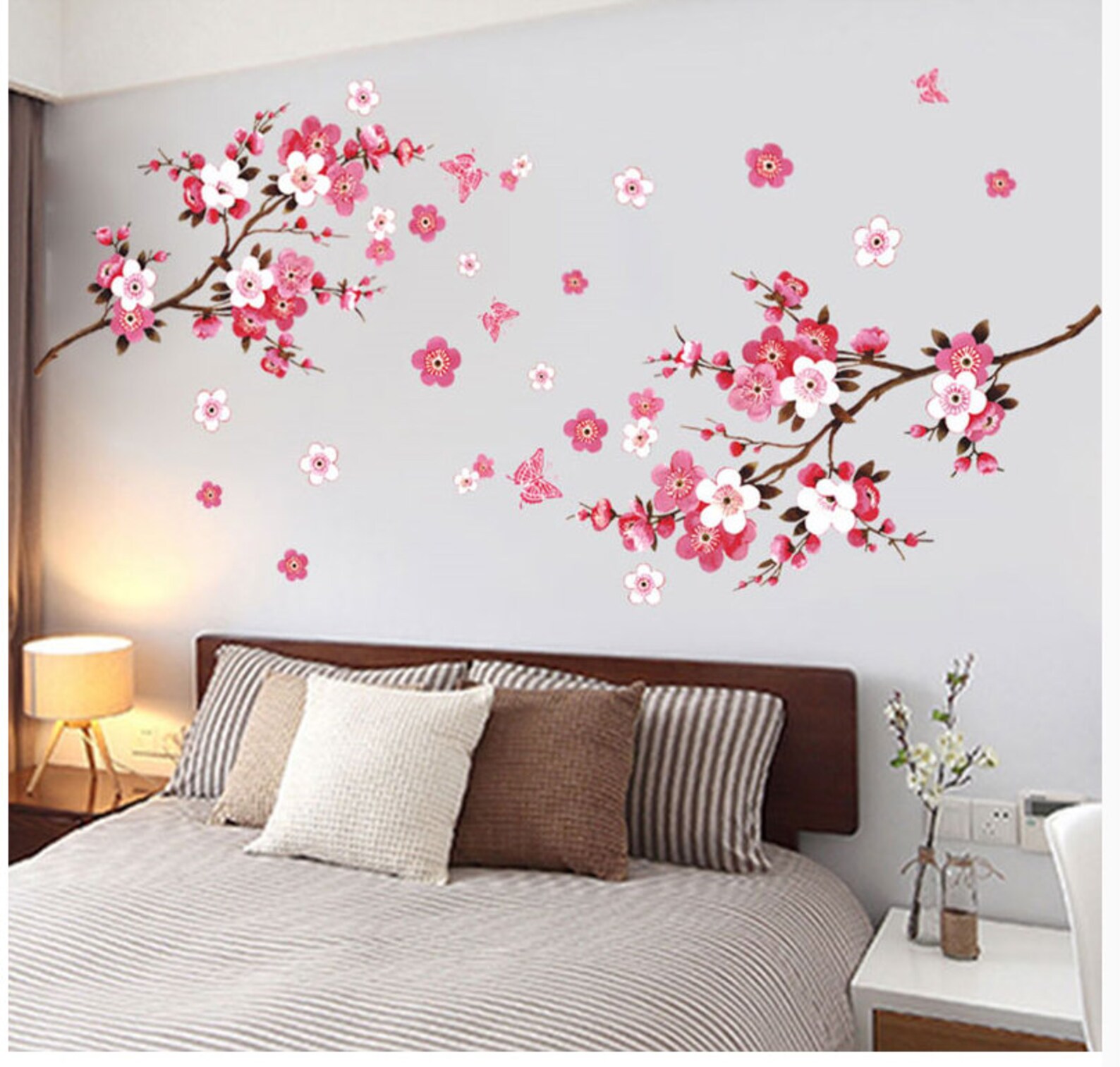 One Branch Cherry Blossom Wall Sticker Wall Decal, Hanging Pink Cherry
