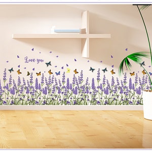 Wall Stickers Purple Lavender And Butterfly Kick Lines Living Room Dormitory Bedroom Corner Purple Flowers Wall Decal