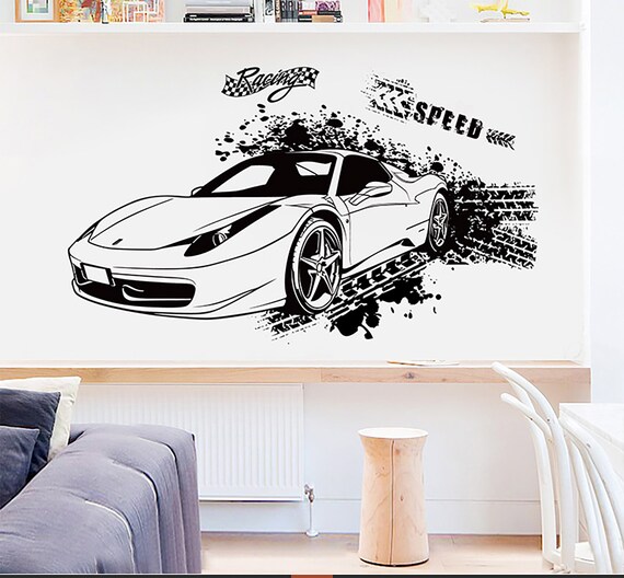 Black And White Sports Car Wall Sticker Bedroom Sofa Wall Self Adhesive Wallpaper Dormitory Room Wall Decal