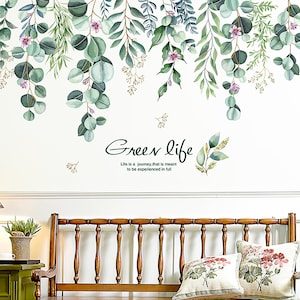 Wall Decal Fresh Green Leaf And Purple Flowers Wall Stickers Plants Home Decoration Wallpaper