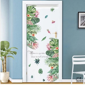 Tropical Leaves with Flowers Tropical Plants Wall Door Glass Sticker Decal
