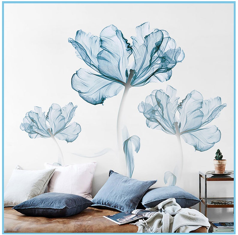 Fresh Ice Blue Flowers Wall Sticker Creative Lotus Wall Decals Etsy