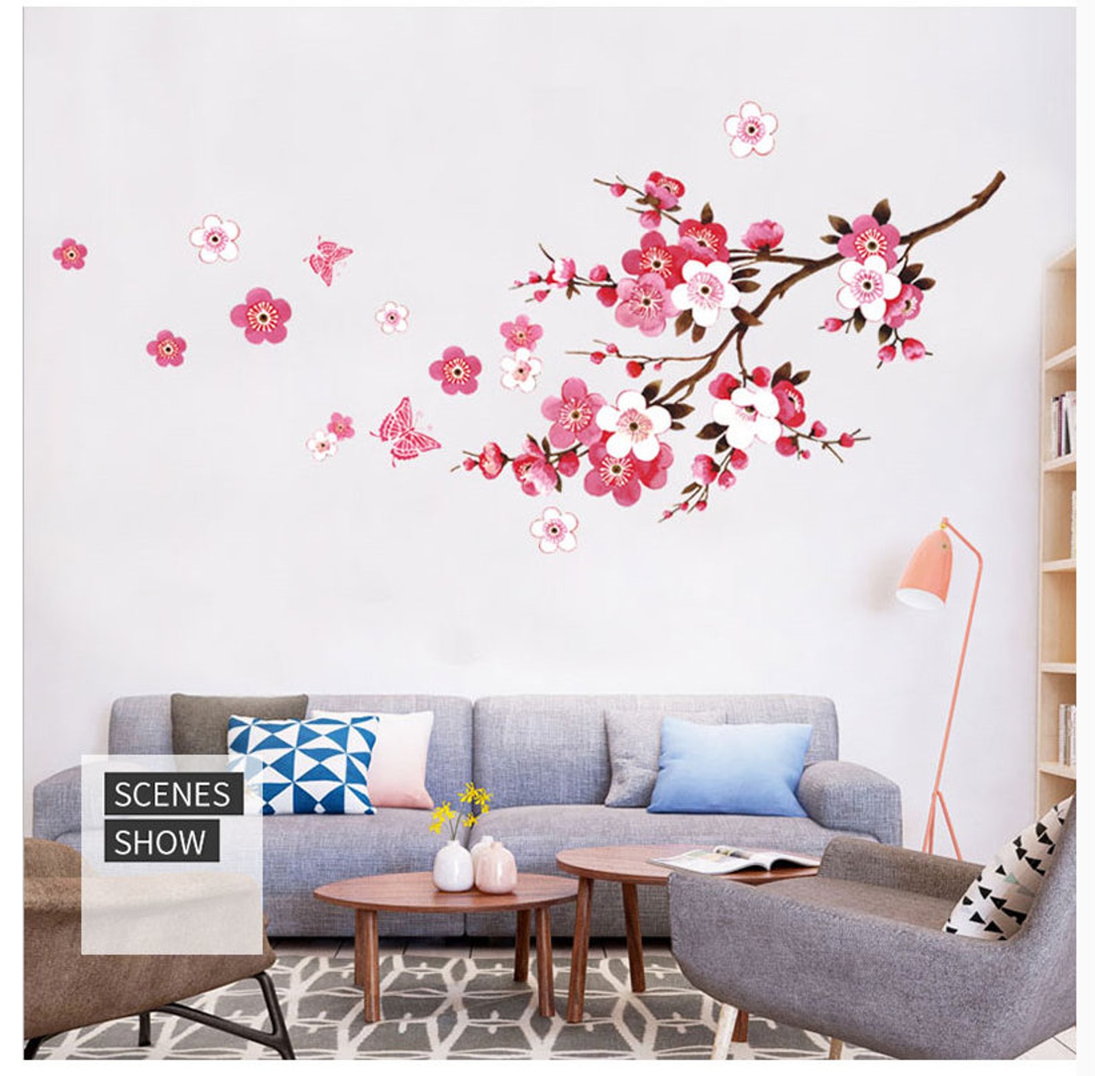 One Branch Cherry Blossom Wall Sticker Wall Decal, Hanging Pink Cherry Blossom Wall Decal - Etsy