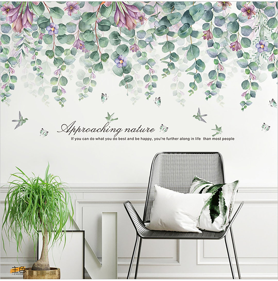 Fresh Green Leaves and Flowers Wall Sticker Living Room Bedroom ...