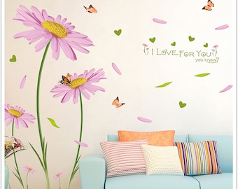 Romantic Daisy Wall Stickers Purple Flowers Wall Decals Home Decoration Sticker