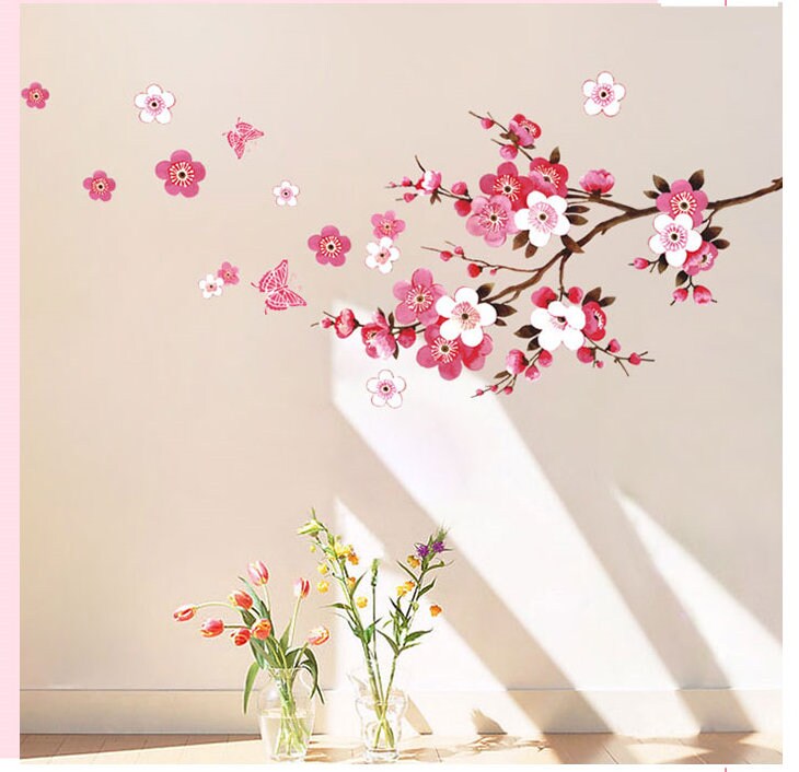 One Branch Cherry Blossom Wall Sticker Wall Decal, Hanging Pink Cherry