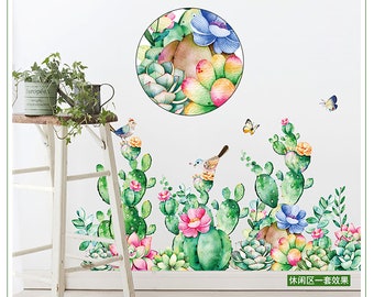 Cactus verde con flores rojas pared calcomanía cintura línea de pie línea palo muralSala de estar dormitorio dormitorio dormitorio pegatinas de pared