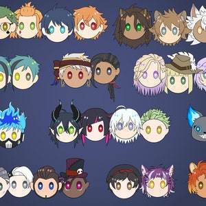 Può includere: Una collezione di 28 volti di personaggi dei cartoni animati con diverse espressioni e colori. I personaggi sono disegnati in uno stile semplice e arrotondato con occhi grandi e colori vivaci.