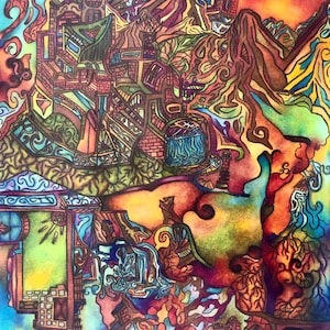 Mind Map - Impression d'art abstrait surréaliste | Illustration psychédélique dessinée à la main | Travail fin à l'encre et au crayon par Jonathan Saylor