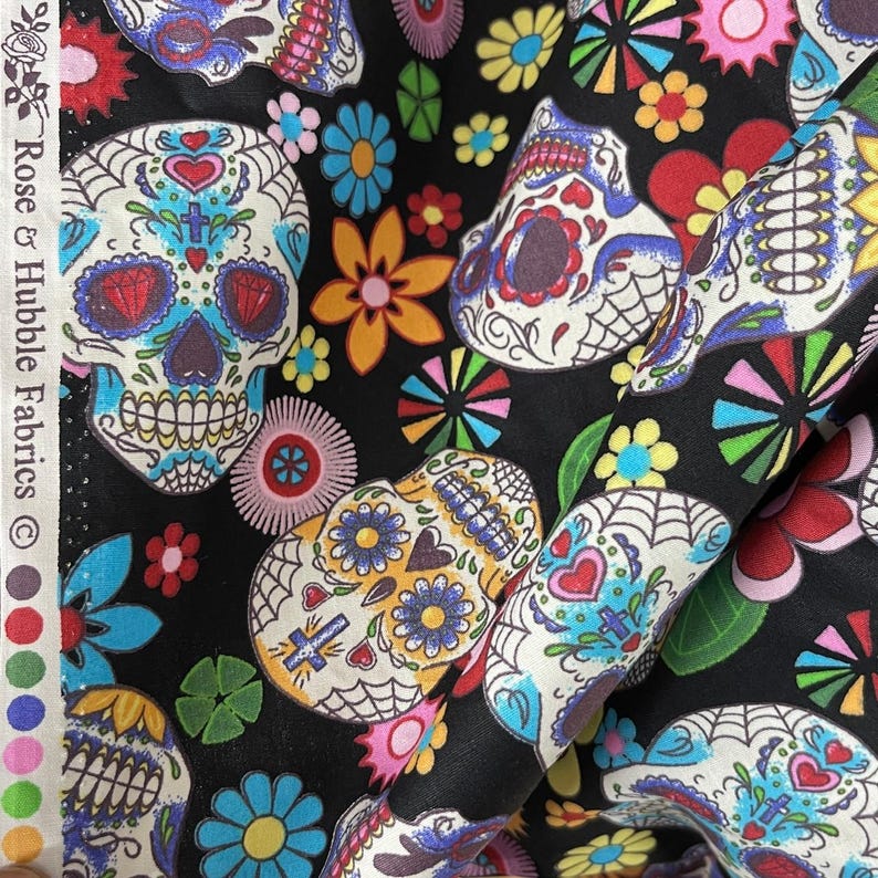 Sugar Skulls Tattoo Day of the Dead Cotton Fabric, Black Etsy