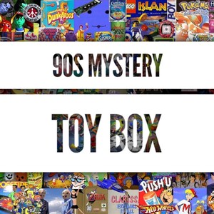 May include: A collage of 90s pop culture images with the text "90s Mystery Toy Box" in the center. The images include toys, cartoons, video games, and other popular items from the 1990s.