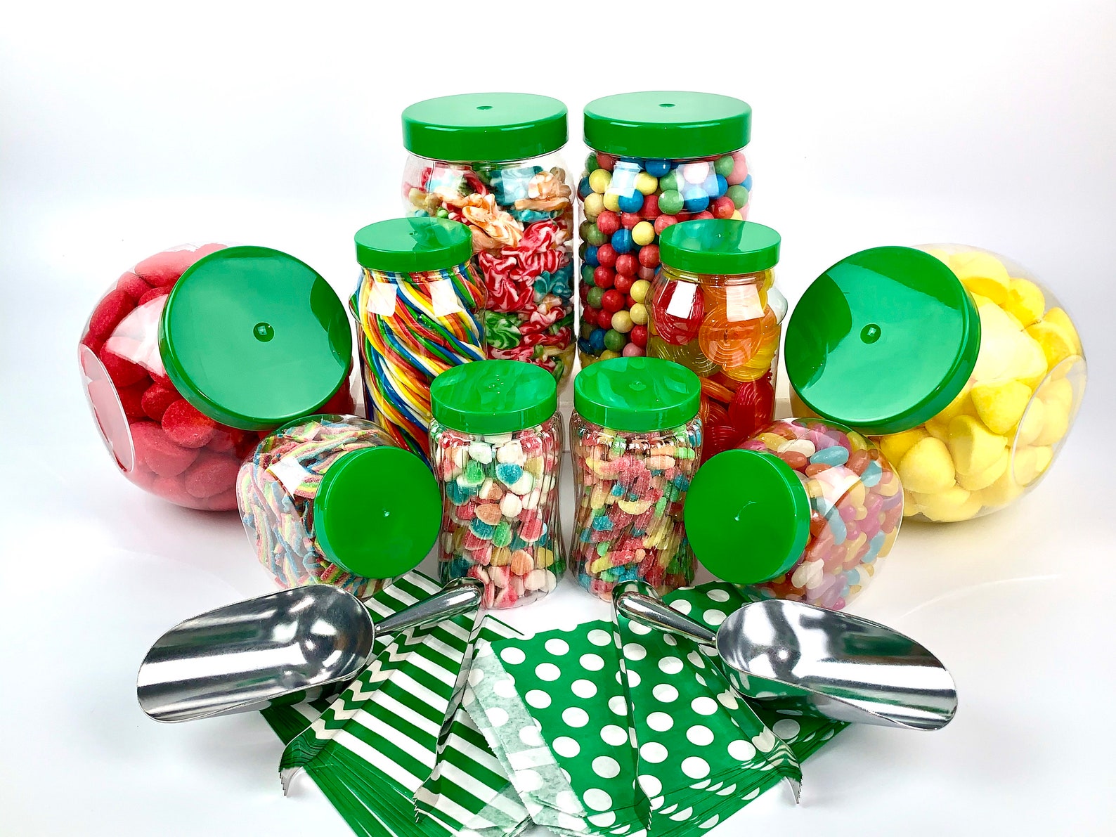 10 Jar Variety Plastic Sweet Candy Jar Kit Green Lids 2 Scoops Etsy