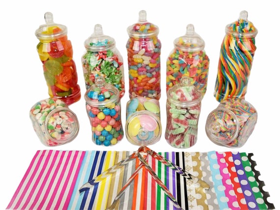 10x Small Jars Sweet Shop Candy Buffet Wedding Kids Party Kit 4 Tongs Polka Bags 