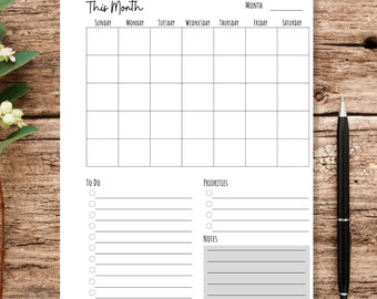 Month On One Page, Monthly Planner 2022, Monthly Overview Printable, Undated Planner, Monthly Calendar, Monthly Inserts, Printable Inserts