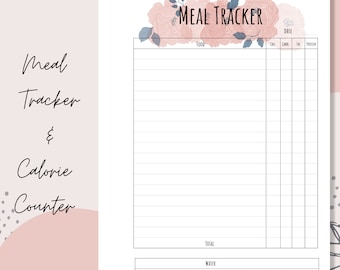 Floral Food Journal Printable, Macro Tracker, Food Log, Calorie Tracking, Food Diary, Meal Tracker, Calorie Counting, for Bullet Journal