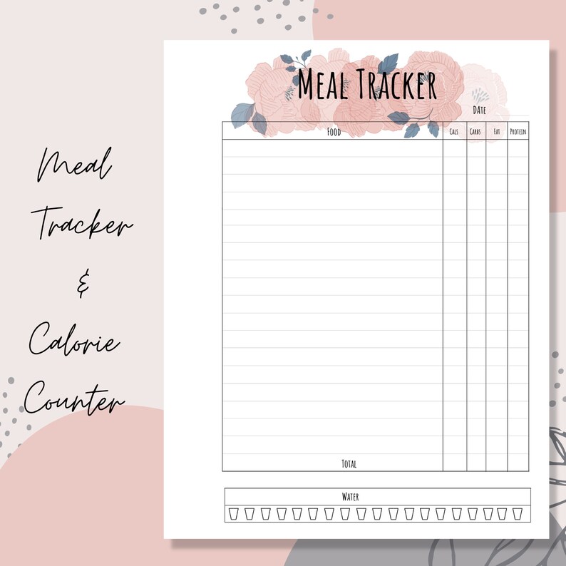 Floral Food Journal Printable, Macro Tracker, Food Log, Calorie