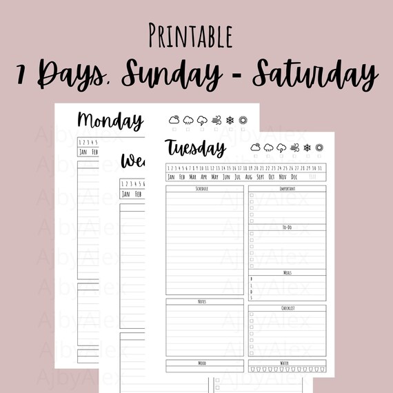 7 Day Planner Printable, Day Planner ,Work Planner, Weekly Planner, To Do list for Work, Mood Tracker, For Bullet Journal