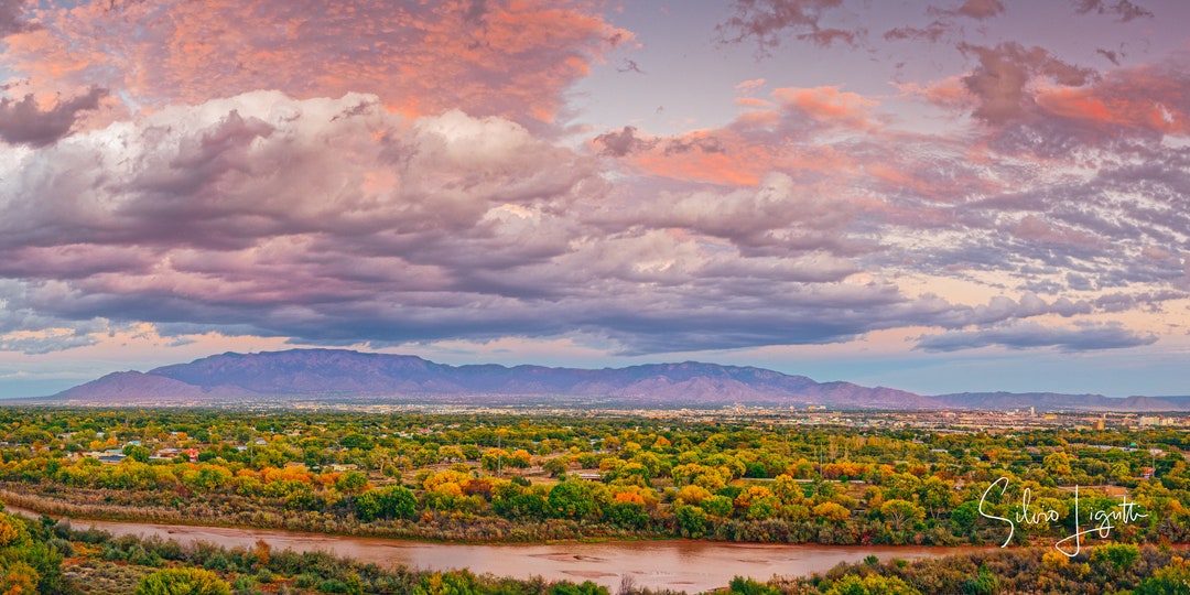 Sunset Golden Hour Fall Foliage Panorama of Albuquerque and Sandia ...