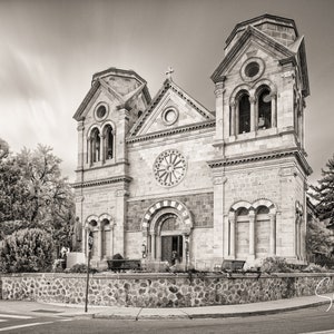 Sepia Black and White Facade of Cathedral Basilica of Saint Francis of Assisi - Santa Fe New Mexico Land of Enchantment Wall Decor