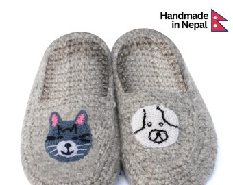 Women Wool Slippers Gray Dog Cat Design Sheep Wool Slipper Gift Idea Cozy Indoor Half Socks Knitted Organic 60 Knot Yarn