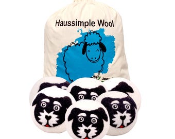Pack of 6 Handmade Organic Wool Dryer Balls - Black & White Dog Design, Extra Large, Eco-Friendly Natural Merino Wool, Handmade in Nepal