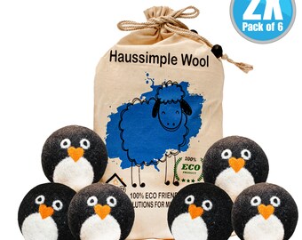 12 Pieces Organic Wool XL Dryer Balls Natural Felt 2X Pack of 6 - Reusable Extra Large Ball Laundry Fabric Softener Eco-Freindly Penguin