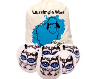 Pack of 6 Extra Large Organic Wool Dryer Balls with Adorable Gray Cat Design, Eco-Friendly Merino Wool, Reusable & Handmade in Nepal