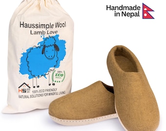 Beige Felted Wool Slippers: Handmade Indoor Shoes with Leather Sole