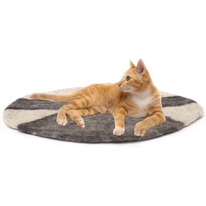 May include: A ginger cat laying on a round, gray and white felted pet bed.