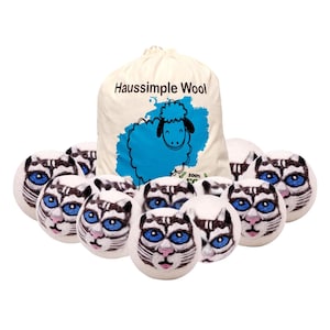 Pack of 12 Extra Large Organic Wool Dryer Balls with Adorable Gray Cat Design, Eco-Friendly Merino Wool, Reusable & Handmade in Nepal