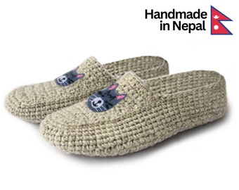 Handmade Wool Cozy Slippers Women Handcrafted Sheep Wool Half Socks Grey Cat Design Soft Warm Winter Gift