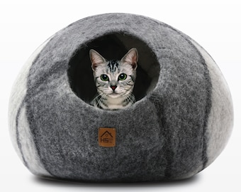 Handmade Gray White 100% Natural Merino Wool Cat Cave, Large Felt Cat Bed House, Kitten Bed, Cat Cocoon, Pet Furniture, Cat Lover Gift Ideas