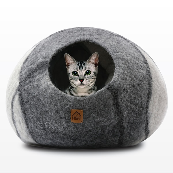 Handmade Gray White 100% Natural Merino Wool Cat Cave, Large Felt Cat Bed House, Kitten Bed, Cat Cocoon, Pet Furniture, Cat Lover Gift Ideas