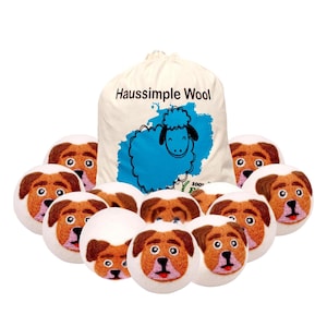 Pack of 12 Extra Large Organic Wool Dryer Balls with Cute Orange Dog Design, Eco-Friendly Merino Wool, Reusable & Handmade in Nepal