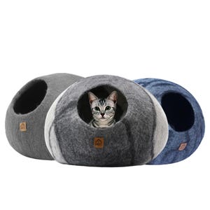 Handmade Soft Sheep Wool Cat Cave for Indoor, Warm Felt Cat Cave, Cute Cat Bed, Kitten House Cat Cocoon, Pet Furniture, Cat Lover Gift Ideas