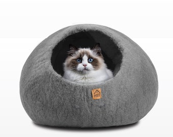 Handmade Merino Wool Cat Cave Bed: Gray Felted Kitty Cocoon