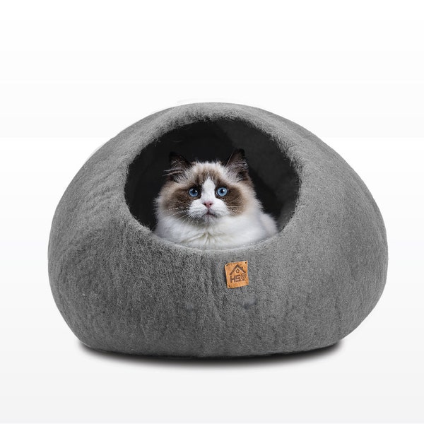 Handmade Warm Merino Wool Cat Cave Bed House for Indoor, Felt Cat Cave, Gray Kitten Bed, Kitty Nap Cocoon, Cat Corner Cave, Pet Furniture