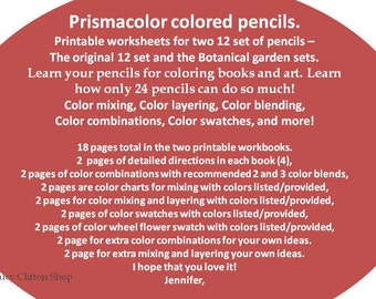 PRISMACOLOR 12 set and Botanical 12 set colored pencils workbook, Color combinations & Color swatches, Printable worksheets PDF