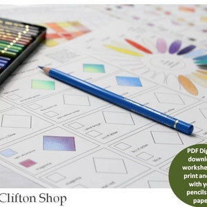 May include: A blue colored pencil rests on a white worksheet with color swatches and a color wheel. A metal pencil case filled with colored pencils is in the upper left corner. The text "PDF Digital download worksheets to print and use with your pencils and paper" is in the lower right corner.