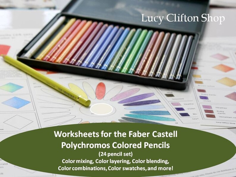 May include: A set of 24 Faber Castell Polychromos colored pencils in a black metal case, with a yellow pencil and worksheets for color mixing, layering, and blending. The text on the image reads "Worksheets for the Faber Castell Polychromos Colored Pencils (24 pencil set)".