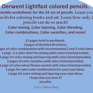 DERWENT LIGHTFAST colored pencils workbook, Color combinations and Color swatches for the Derwent Lightfast 24 Set, Printable worksheets PDF