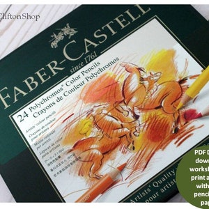 May include: A dark green box of Faber-Castell Polychromos color pencils, with the text "24 Polychromos Color Pencils." The box is open, revealing a drawing and several colored pencils. The text "PDF Digital download worksheets" is also visible.