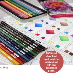 PRISMACOLOR 12 set and Botanical 12 set colored pencils workbook, Color mixing, combinations, and Color swatches, Printable worksheets PDF