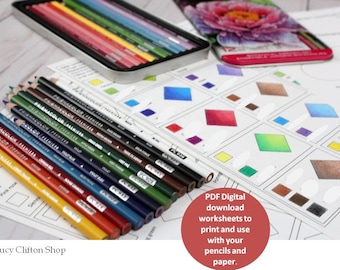 PRISMACOLOR 12 set and Botanical 12 set colored pencils workbook, Color mixing, combinations, and Color swatches, Printable worksheets PDF